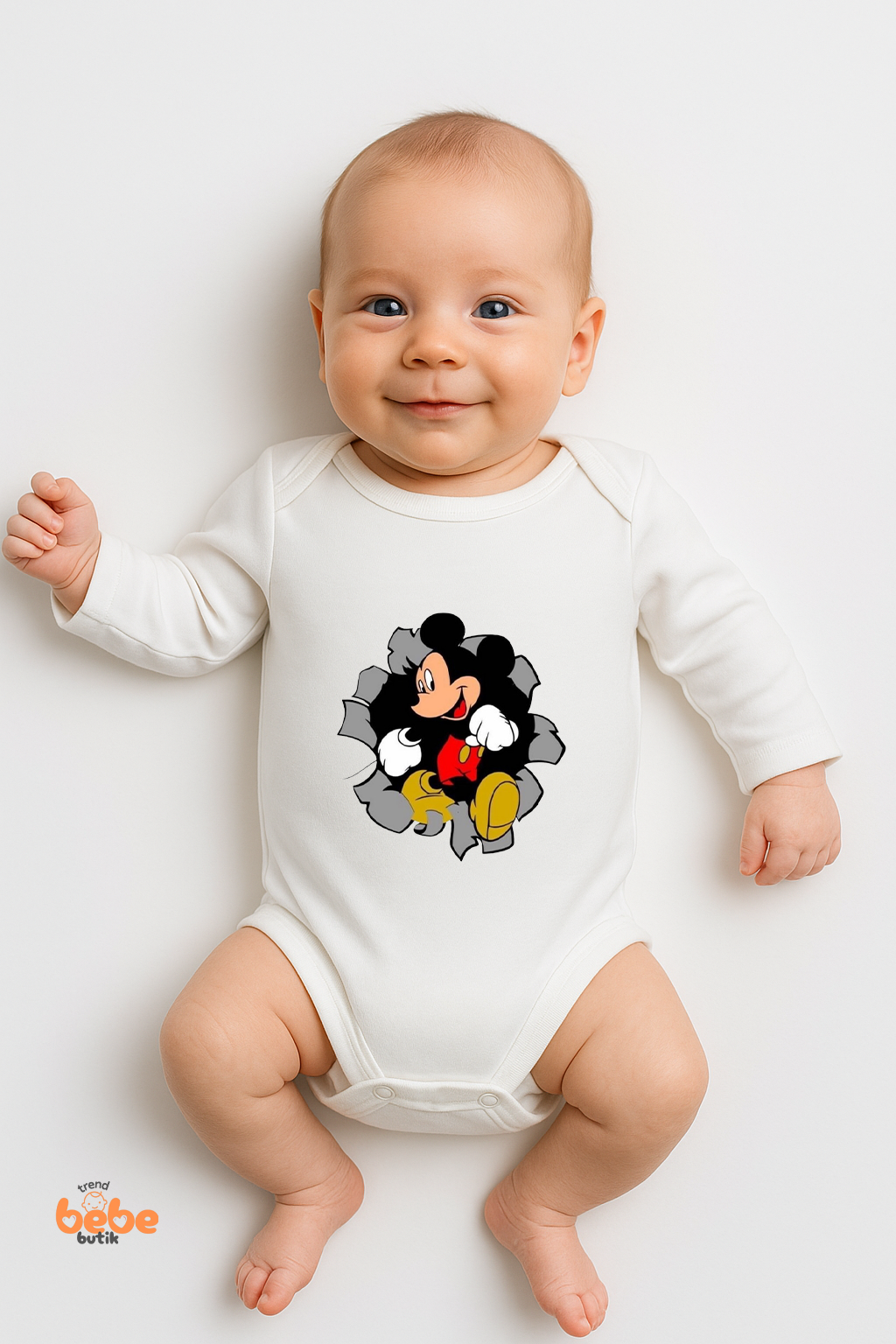 Mickey Mouse Desenli Bebek Body | 06-18 Ay | %100 Pamuk, Uzun Kollu Zıbın, Erkek & Kız Bebek İçin 6 AY