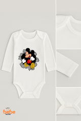 Mickey Mouse Desenli Bebek Body | 06-18 Ay | %100 Pamuk, Uzun Kollu Zıbın, Erkek & Kız Bebek İçin 6 AY