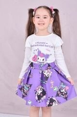 Kız Çocuk Kuromi Desenli Etekli 2'li Takım Uzun Kollu Bluz Ve Fırfırlı Etek Kombini 4-5 Yaş