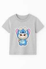 Labubu Baskılı Kız Çocuk  Pamuklu Tişört - Yazlık Rahat Günlük Çocuk T-Shirt Kısa Kollu 3-14 Yaş Gri