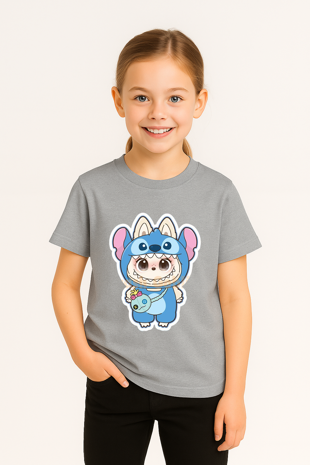 Labubu Baskılı Kız Çocuk  Pamuklu Tişört - Yazlık Rahat Günlük Çocuk T-Shirt Kısa Kollu 3-14 Yaş Gri