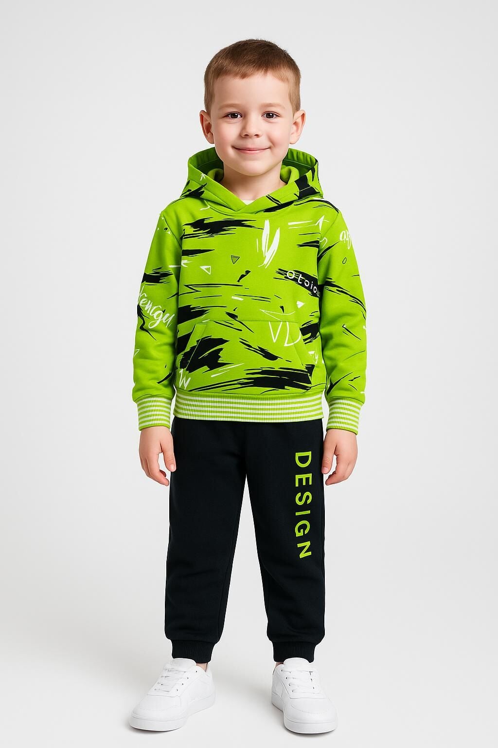 Erkek Çocuk Kapüşonlu Baskılı Eşofman Takımı 6-14 Yaş | Rahat Kalıp Yazılı Tasarım Sweatshirt Jogger Açık Yeşil 14 YAŞ