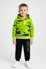 Erkek Çocuk Kapüşonlu Baskılı Eşofman Takımı 6-14 Yaş | Rahat Kalıp Yazılı Tasarım Sweatshirt Jogger Açık Yeşil 6 YAŞ