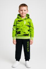 Erkek Çocuk Kapüşonlu Baskılı Eşofman Takımı 6-14 Yaş | Rahat Kalıp Yazılı Tasarım Sweatshirt Jogger Açık Yeşil 14 YAŞ