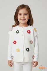 Papatyalı Kız Çocuk Triko Yelek – Çiçek Motifli Robalı Örgü Hırka  Mevsimlik Kalın Triko Yelek