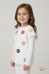 Papatyalı Kız Çocuk Triko Yelek – Çiçek Motifli Robalı Örgü Hırka  Mevsimlik Kalın Triko Yelek
