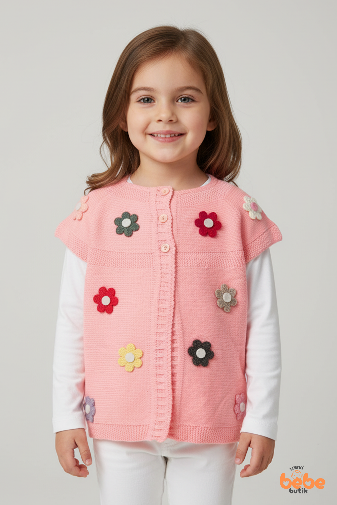 Papatyalı Kız Çocuk Triko Yelek – Çiçek Motifli Robalı Örgü Hırka  Mevsimlik Kalın Triko Yelek