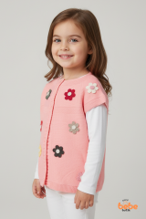 Papatyalı Kız Çocuk Triko Yelek – Çiçek Motifli Robalı Örgü Hırka  Mevsimlik Kalın Triko Yelek