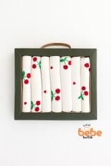 %100 Pamuklu Kiraz Desenli 7'li Bebek Ağız Mendili | 20x20 cm Ribana Dokulu Bebek Temizlik Bezi