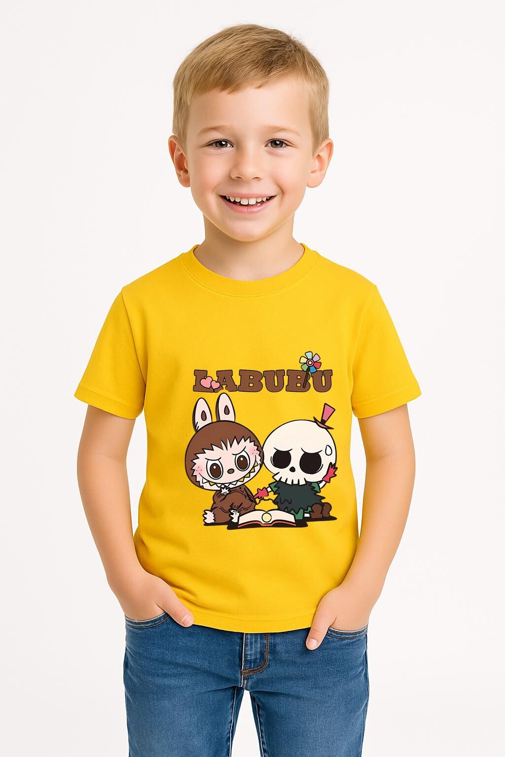 LABUBU Karakter Baskılı Çocuk Tişörtü Pamuklu, Renkli Seçenekli Erkek Yazlık Kısa Kollu T-Shirt SARI - 3-4 Yaş