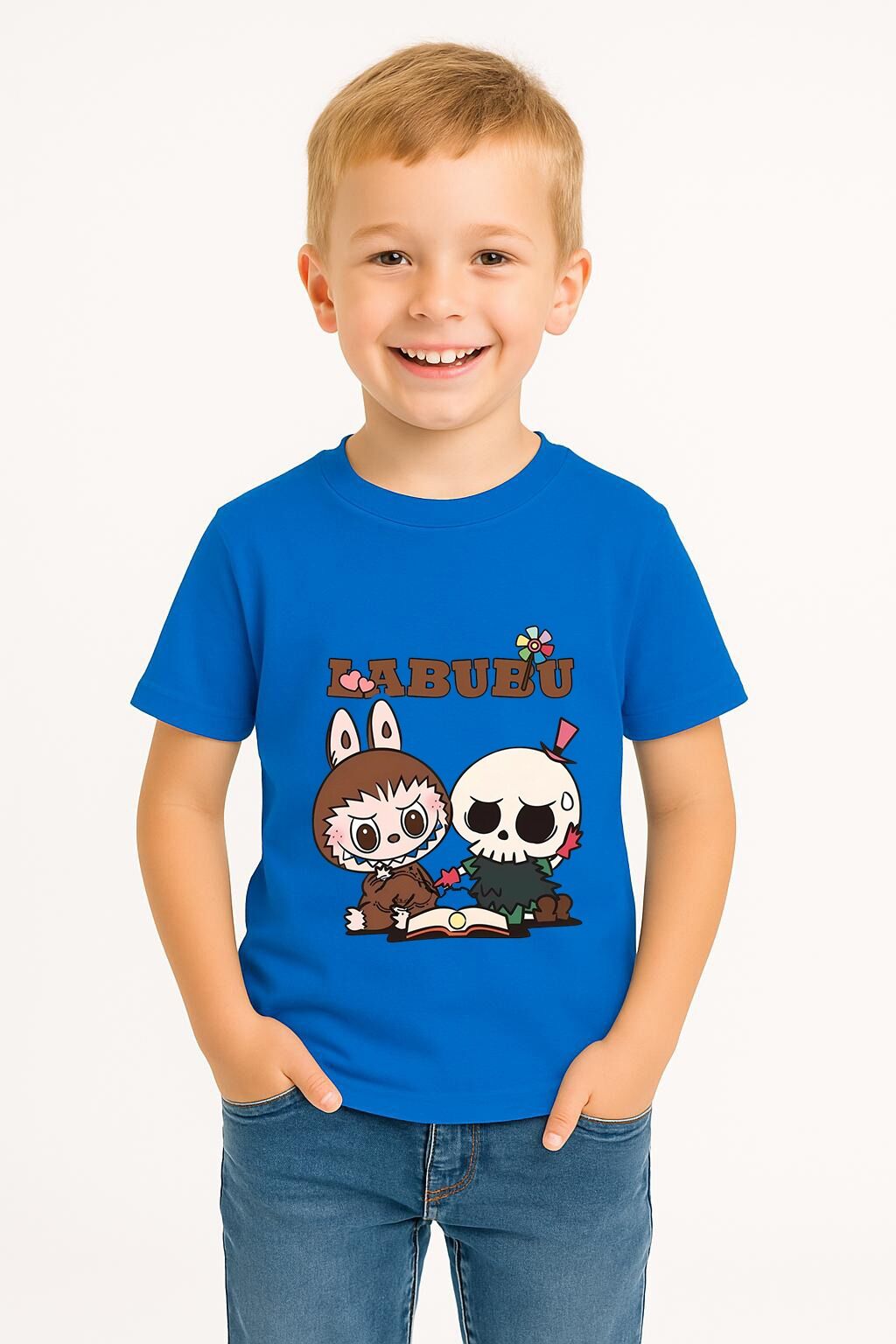 LABUBU Karakter Baskılı Çocuk Tişörtü Pamuklu, Renkli Seçenekli Erkek Yazlık Kısa Kollu T-Shirt MAVİ - 3-4 Yaş