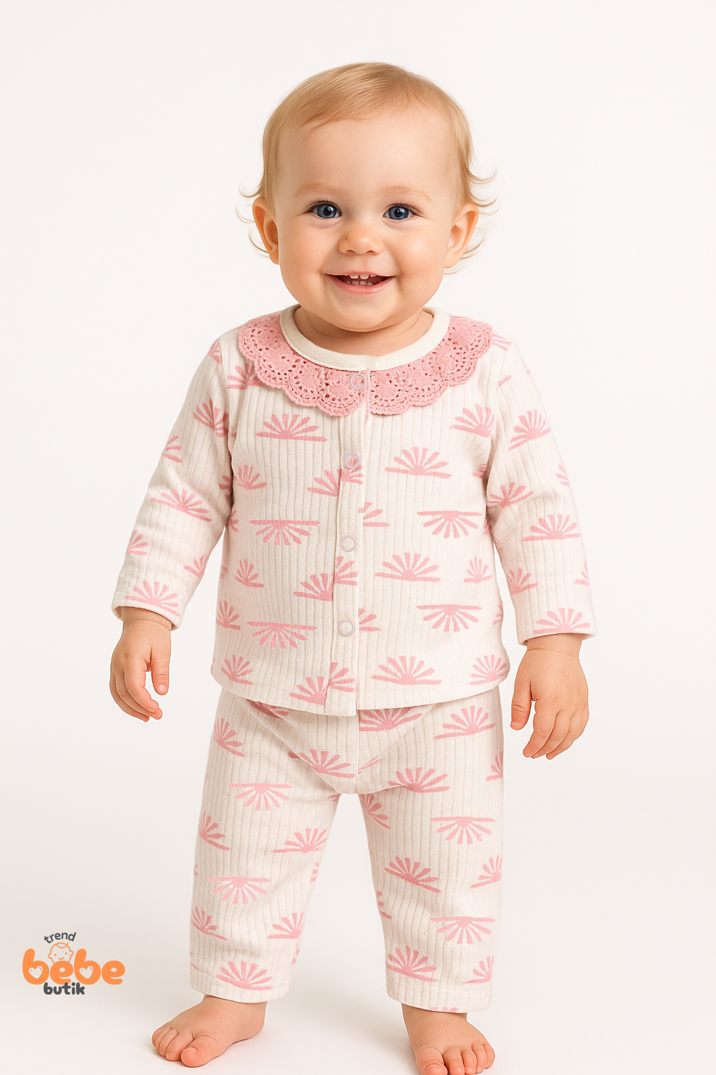 Dantel Yaka Pembe Desenli %100 Pamuk Kız Bebek Pijama Takımı 9-12 Ay | Uzun Kollu Rahat Uyku Takımı 9-12 Ay