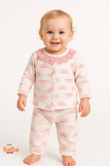 Dantel Yaka Pembe Desenli %100 Pamuk Kız Bebek Pijama Takımı 9-12 Ay | Uzun Kollu Rahat Uyku Takımı 9-12 Ay