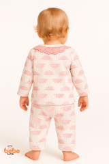 Dantel Yaka Pembe Desenli %100 Pamuk Kız Bebek Pijama Takımı 9-12 Ay | Uzun Kollu Rahat Uyku Takımı 9-12 Ay