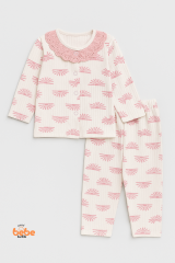 Dantel Yaka Pembe Desenli %100 Pamuk Kız Bebek Pijama Takımı 9-12 Ay | Uzun Kollu Rahat Uyku Takımı 9-12 Ay