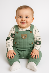 Unisex 3-6-9 Ay Pamuklu Peluş Ayıcık Baskılı Salopet Takım (Body+Tulum+Çorap) | Bebek Kıyafeti Seti 9 AY - HAKİ