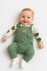 Unisex 3-6-9 Ay Pamuklu Peluş Ayıcık Baskılı Salopet Takım (Body+Tulum+Çorap) | Bebek Kıyafeti Seti 9 AY - HAKİ