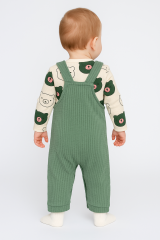 Unisex 3-6-9 Ay Pamuklu Peluş Ayıcık Baskılı Salopet Takım (Body+Tulum+Çorap) | Bebek Kıyafeti Seti 9 AY - HAKİ