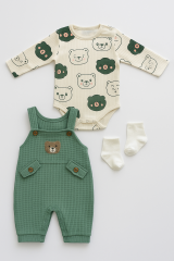 Unisex 3-6-9 Ay Pamuklu Peluş Ayıcık Baskılı Salopet Takım (Body+Tulum+Çorap) | Bebek Kıyafeti Seti 9 AY - HAKİ