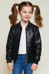 Kız Çocuk Bomber Deri Ceket Fermuarlı, Rahat ve Şık Tasarım Mevsimlik Mont okul, Günlük, Özel Gün SİYAH - 6-7 Yaş