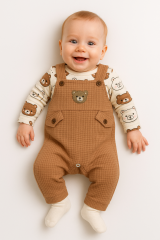 Unisex 3-6-9 Ay Pamuklu Peluş Ayıcık Baskılı Salopet Takım (Body+Tulum+Çorap) | Bebek Kıyafeti Seti 9 AY - TARÇIN KAHVERENGİ