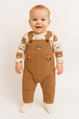 Unisex 3-6-9 Ay Pamuklu Peluş Ayıcık Baskılı Salopet Takım (Body+Tulum+Çorap) | Bebek Kıyafeti Seti 9 AY - TARÇIN KAHVERENGİ
