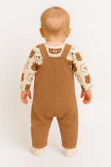Unisex 3-6-9 Ay Pamuklu Peluş Ayıcık Baskılı Salopet Takım (Body+Tulum+Çorap) | Bebek Kıyafeti Seti 9 AY - TARÇIN KAHVERENGİ