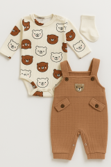 Unisex 3-6-9 Ay Pamuklu Peluş Ayıcık Baskılı Salopet Takım (Body+Tulum+Çorap) | Bebek Kıyafeti Seti 9 AY - TARÇIN KAHVERENGİ
