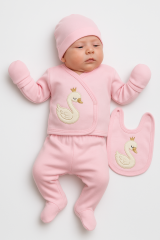 Yenidoğan Kız Bebek 5 Parça Hastane Çıkışı – Kuğu Desenli, Pembe Renkli, %100 Pamuklu Konforlu Takım