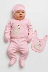 Yenidoğan Kız Bebek 5 Parça Hastane Çıkışı – Kuğu Desenli, Pembe Renkli, %100 Pamuklu Konforlu Takım