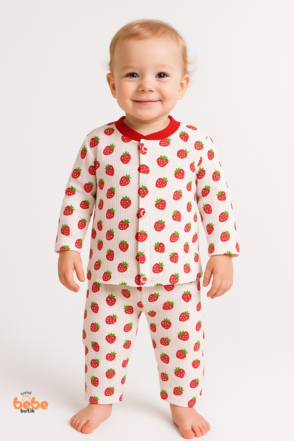 Çilek Desenli Bebek Pijama Takımı 9-12 Ay %100 Pamuk,Unisex Bebek 2’li Set Uzun Kollu Rahat ve Şirin 9-12 Ay