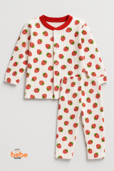 Çilek Desenli Bebek Pijama Takımı 9-12 Ay %100 Pamuk,Unisex Bebek 2’li Set Uzun Kollu Rahat ve Şirin 9-12 Ay