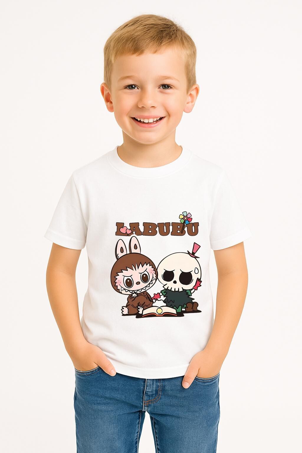 LABUBU Karakter Baskılı Çocuk Tişörtü Pamuklu, Renkli Seçenekli Erkek Yazlık Kısa Kollu T-Shirt BEYAZ - 9-10 Yaş