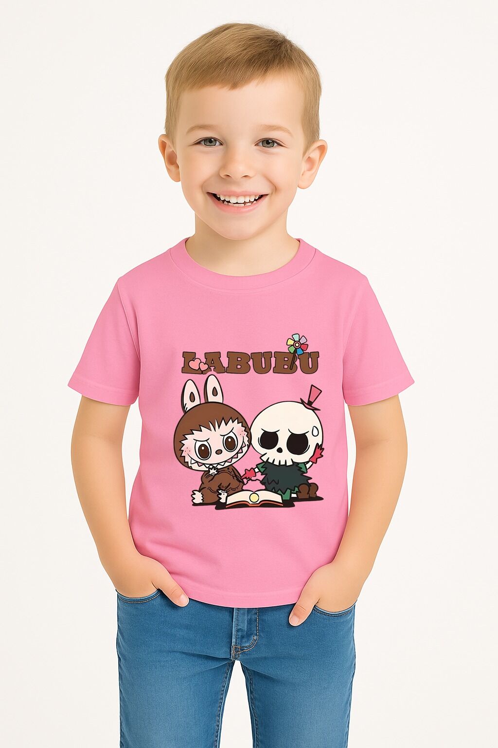 LABUBU Karakter Baskılı Çocuk Tişörtü Pamuklu, Renkli Seçenekli Erkek Yazlık Kısa Kollu T-Shirt PEMBE - 9-10 Yaş