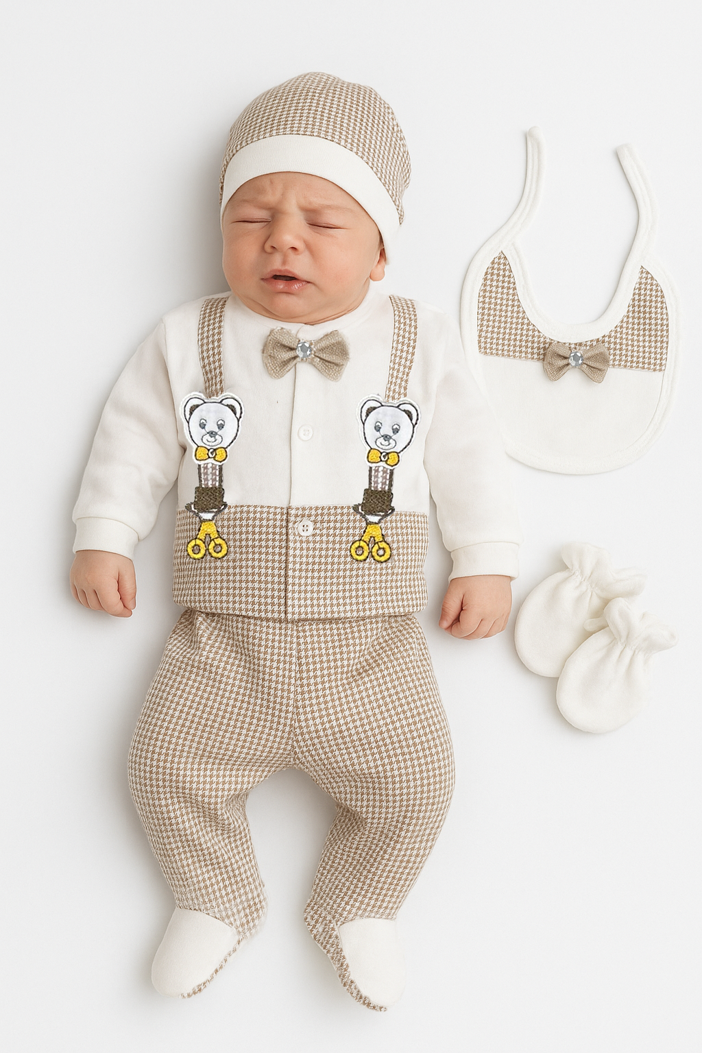 Trend Bebe Butik Yenidoğan 5 Parça Bebek Takımı | Şık Kareli Desen, Pamuklu, Ayıcık Nakışlı Papyonlu Şık Takım