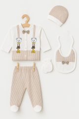 Trend Bebe Butik Yenidoğan 5 Parça Bebek Takımı | Şık Kareli Desen, Pamuklu, Ayıcık Nakışlı Papyonlu Şık Takım