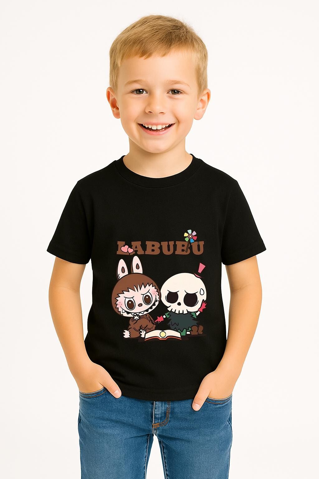 LABUBU Karakter Baskılı Çocuk Tişörtü Pamuklu, Renkli Seçenekli Erkek Yazlık Kısa Kollu T-Shirt SİYAH - 10-11 Yaş