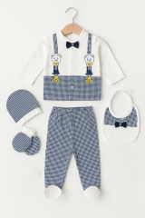 Trend Bebe Butik Yenidoğan 5 Parça Bebek Takımı | Şık Kareli Desen, Pamuklu, Ayıcık Nakışlı Papyonlu Şık Takım