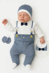 Trend Bebe Butik Yenidoğan 5 Parça Bebek Takımı | Şık Kareli Desen, Pamuklu, Ayıcık Nakışlı Papyonlu Şık Takım