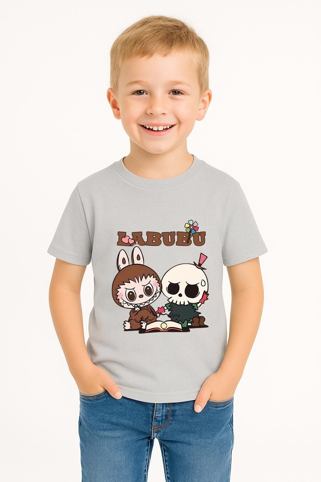 LABUBU Karakter Baskılı Çocuk Tişörtü Pamuklu, Renkli Seçenekli Erkek Yazlık Kısa Kollu T-Shirt GRİ - 10-11 Yaş