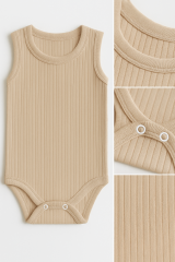 Ribana Çıtçıtlı Pamuklu Bebek Zıbın Kolsuz Yazlık Body Unisex Bebek Badi Ribana Dikey Çizgili Tulum 24-36 Ay - BEJ