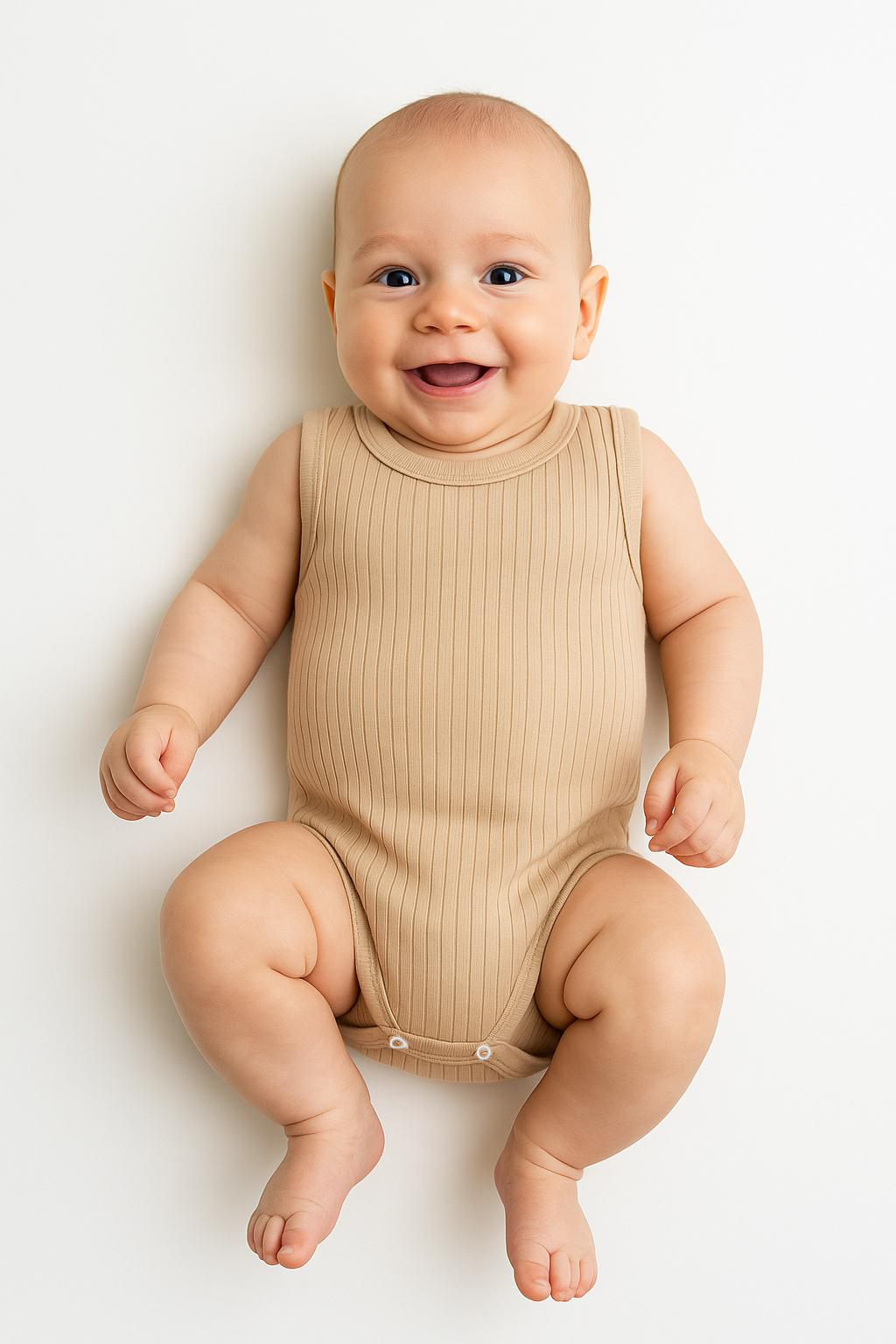 Ribana Çıtçıtlı Pamuklu Bebek Zıbın Kolsuz Yazlık Body Unisex Bebek Badi Ribana Dikey Çizgili Tulum 24-36 Ay - BEJ