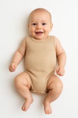Ribana Çıtçıtlı Pamuklu Bebek Zıbın Kolsuz Yazlık Body Unisex Bebek Badi Ribana Dikey Çizgili Tulum 24-36 Ay - BEJ