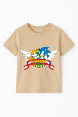 Sonic Baskılı Erkek Çocuk Tişörtü - Renkli Pamuklu Kısa Kollu Yazlık T-Shirt Basic Günlük Bej 7-8 Yaş