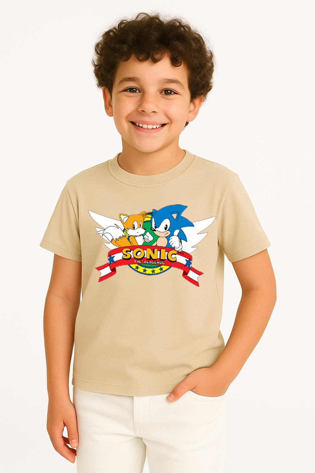 Sonic Baskılı Erkek Çocuk Tişörtü - Renkli Pamuklu Kısa Kollu Yazlık T-Shirt Basic Günlük Bej 7-8 Yaş