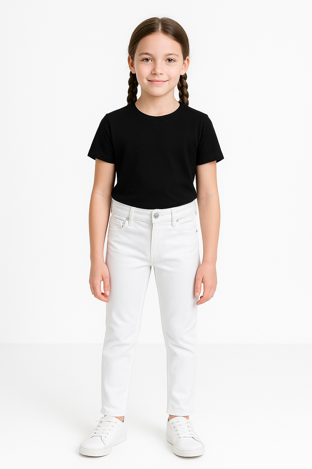 Likralı Beli Ayarlanabilir Lastikli Düğmeli Kız Çocuk Pantolonu, Okul Pantolonu Yüksek Bel BEYAZ - 11-12 Yaş