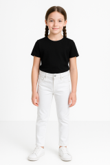 Likralı Beli Ayarlanabilir Lastikli Düğmeli Kız Çocuk Pantolonu, Okul Pantolonu Yüksek Bel BEYAZ - 11-12 Yaş