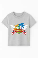 Sonic Baskılı Erkek Çocuk Tişörtü - Renkli Pamuklu Kısa Kollu Yazlık T-Shirt Basic Günlük Gri 5-6 Yaş