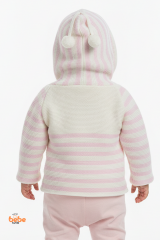 Çizgili Kapüşonlu Hırka | Bebek Örgü Mont 9-12 Ay/12-18 Ay | Erkek ve Kız Bebek Triko Ceket Ponponlu 9-12 Ay