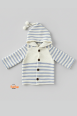 Çizgili Kapüşonlu Hırka | Bebek Örgü Mont 9-12 Ay/12-18 Ay | Erkek ve Kız Bebek Triko Ceket Ponponlu 12-18 Ay